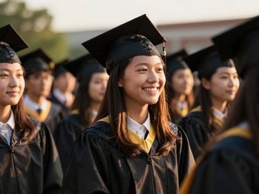 A local high school student smiling candidly during an outdoor graduation ceremony under warm golden hour sunlight, shallow depth of field, 35mm warm editorial photography.