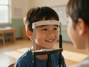 Candid close-up of a child smiling during a vision screening in a sunlit school gym, warm natural light, shallow depth of field, 35mm warm editorial photography.