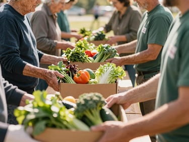 Volunteers handing out boxes of fresh valley-grown vegetables to local seniors at a community center, warm natural daylight, candid hands-on service, 35mm warm editorial photography.