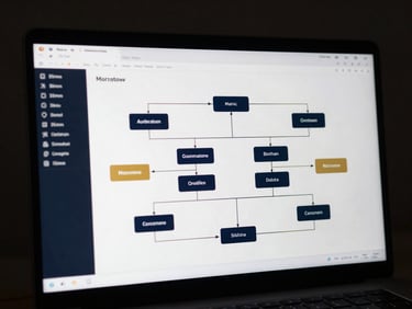 Sleek software interface displaying a workflow automation diagram on a high-end display, low-key moody lighting, sharp macro focus, deep navy and gold accents, 35mm