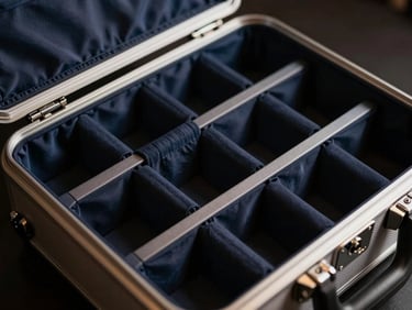 Close-up of a titanium travel case, open to reveal organized compartments, moody studio lighting, sharp focus on material. Sleek editorial photography, moody studio lighting, deep navy and gold accents, sharp macro focus, 35mm.