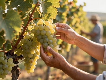 Close-up of hands gently picking ripe grapes from a sun-drenched vineyard vine, with other harvesters in the soft-focus background, golden hour light.