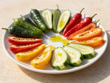 Vibrant flat-lay of a platter with fresh, colorful farm-to-table vegetables, drizzled with olive oil, on a white ceramic dish, sun-drenched.