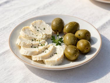 Elegant flat-lay of a plate with traditional Cretan xidato loukaniko and apaki, garnished with fresh herbs, on a white linen tablecloth, bright Mediterranean light.