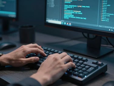 Close up of hands coding on a mechanical keyboard, sleek monitor with clean code, teal tones, professional