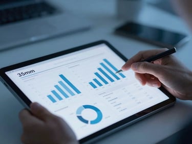 Close up of a professional analyzing clean data charts on a tablet, cool blue office lighting, 35mm