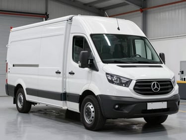 Wide environmental shot of a secure, clinical white transport vehicle with heavy-duty locking mechanisms parked inside a clean warehouse.
