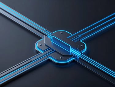 Sleek 3D render of structured data pathways with neon blue accents, dark obsidian background, cinematic lighting.