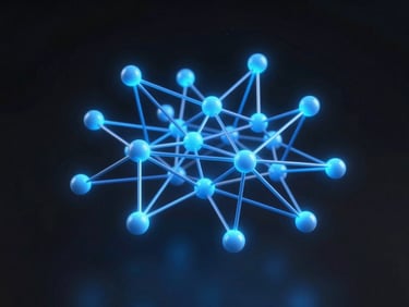 Sleek 3D render of an abstract neural network architecture, glowing cool blue nodes, dark obsidian background.