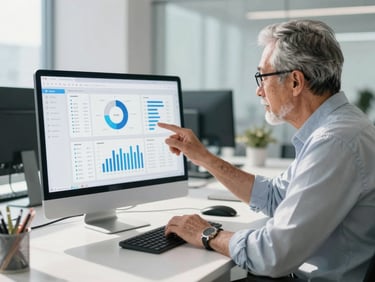 Candid medium-wide environmental shot of a senior manager analyzing data on a clean digital interface in a sunlit modern workspace, soft clean shadows, cool tones