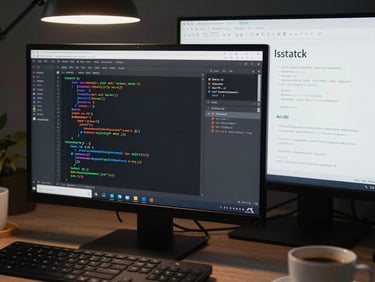 Developer's screen showing code editor with TypeScript files open, a secondary monitor displaying API documentation, overhead tungsten light, keyboard and coffee cup partially visible at frame edge