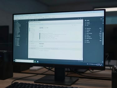 Medium-wide environmental shot: a large monitor displaying the AITAG software dashboard—data panels and clean UI visible on screen—workstation in a dark studio office, cool blue glow from the screen, no person in frame, documentary framing