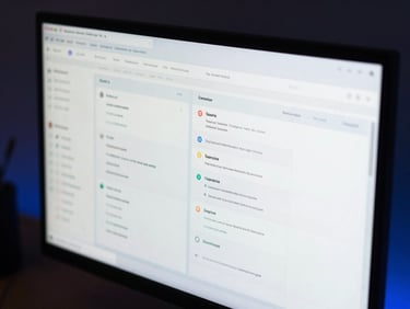 Close-up of a software dashboard interface on a high-resolution monitor, clean data visualization panels and tag-management UI visible, ambient blue light from the screen in a dark studio environment