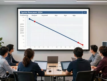 Wide-angle view of a team sprint review session, a large wall-mounted screen showing a product roadmap and burndown chart, team members seated around a table with laptops, existing office daylight