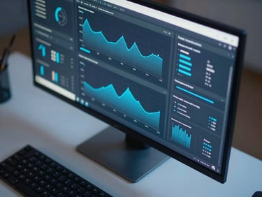 Close-up overhead shot of a large monitor displaying a dark-themed software dashboard with blue accent data visualizations and live analytics graphs, keyboard partially visible at the bottom edge, ambient blue-white screen glow on the surrounding desk surface