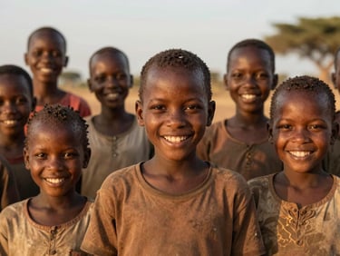 Candid medium shot of Mozambican children smiling under golden hour natural light, warm earth tones, authentic setting, 35mm lens.
