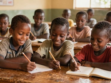 Mozambican children studying together at a wooden table, holding pencils, focused and smiling, warm natural light, authentic classroom setting, warm editorial photography.
