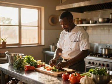 Candid shot of a local chef in a clean kitchen preparing food with fresh local vegetables, warm sunlight coming through the window