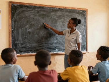 A candid photo of a local Mozambican teacher pointing to a blackboard with children smiling in a bright classroom