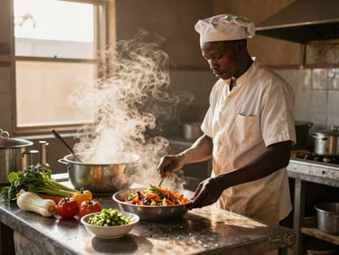 A local Mozambican cook preparing a nutritious meal in a clean kitchen, steam rising, fresh vegetables on the counter, golden hour light, warm editorial photography.