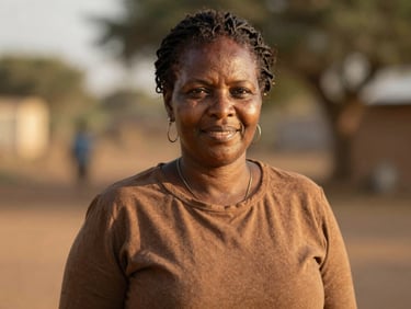 A warm portrait of a Mozambican female coordinator in her 40s, smiling gently, outdoor setting with soft natural light