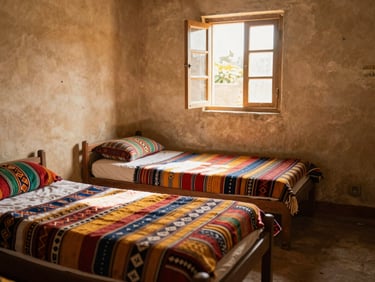 A cozy, clean bedroom inside the orphanage in Manica, soft golden sunlight streaming through a window, tidy beds with colorful local textiles, warm editorial photography.