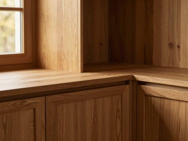 Bespoke custom millwork and hardwood furniture details, precise joinery, warm amber wood tones