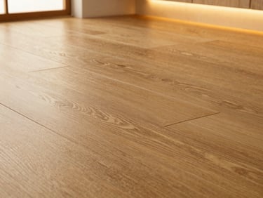 Macro texture of premium SPC wooden flooring, clean interlocking joint, warm oak tone, architectural lighting