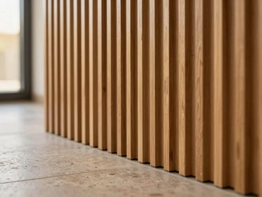 Macro-style detail shot of a premium fluted WPC panel meeting a polished stone floor, warm diffused daylight highlighting the precise alignment, architectural focus