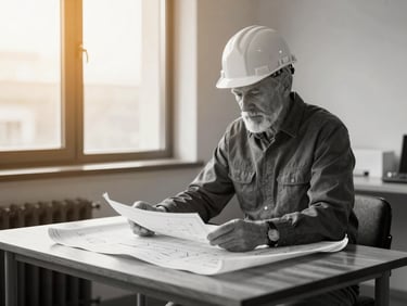 Black and white editorial portrait of a senior structural engineer reviewing blueprints on a minimal wooden table, soft natural side lighting, professional and authentic
