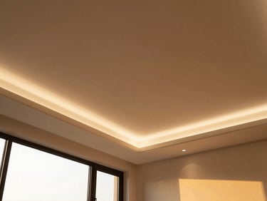 Seamless architectural false ceiling with integrated LED cove lighting and minimalist gypsum boards