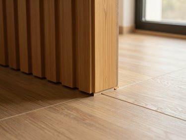 Detailed close-up of a premium material junction, showing a fluted WPC wall panel meeting a polished SPC flooring edge under soft natural diffused daylight, warm editorial style