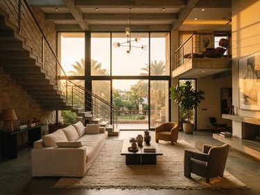A wide-angle, sun-drenched Karachi villa interior showing a double-height living space, warm golden-hour light streaming through large windows, minimalist luxury furniture, 35mm photography.