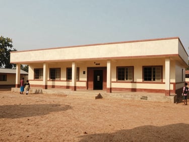 A wide shot of a newly built rural school building in Beed under warm natural Indian sunlight, clean architectural lines, documentary style.