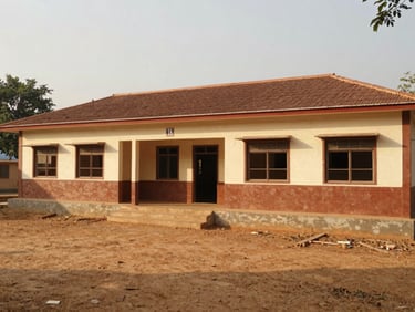 A wide shot of a newly constructed rural school building in Beed, natural Indian sunlight, warm earth tones, documentary style.