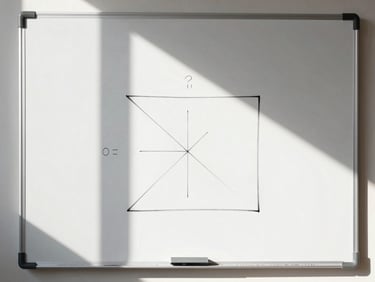 Close-up of a clean whiteboard with sharp geometric diagrams, direct sunlight casting crisp shadows, architectural studio setting.