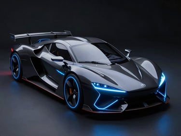 Futuristic electric hypercar with glowing blue ambient light, dark studio setup, carbon fiber details, 3D octane render style.