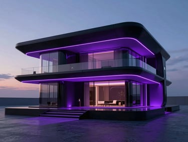 Sleek 3D render of a futuristic luxury villa, twilight lighting, glowing purple accents