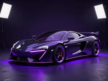 Sleek futuristic sports car in a dark studio setting, glowing purple neon underlighting, high-contrast studio strobes, glossy obsidian body, 3D octane render style.