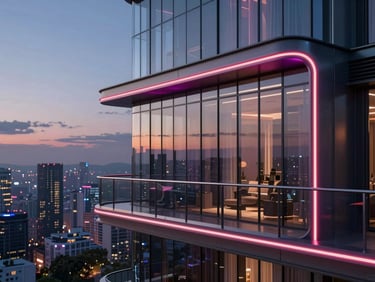 Sleek 3D render of a modern high-rise penthouse balcony, neon city skyline, twilight atmosphere