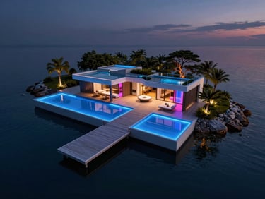 Sleek 3D render of an exclusive private island retreat, glowing docks, twilight ambient lighting