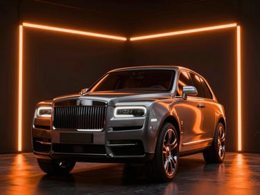 Luxury SUV in a dark room with dramatic orange neon lighting, high-contrast studio strobes, metallic finish, 3D octane render style.