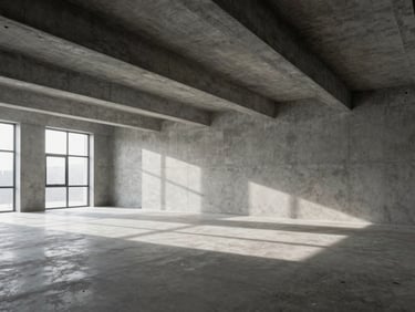 Wide panoramic architectural angle of a modern concrete workspace, cool diffused studio light, sharp defined shadows, negative space on the left.