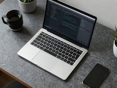 Clean overhead desk setup with a secure laptop showing a terminal interface, organized slate-gray workspace, daylight-balanced cool lighting
