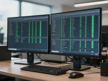 A close-up of a secure dual-monitor workstation in a clean, modern office, showing a structured data dashboard with green security indicators, daylight-balanced lighting.