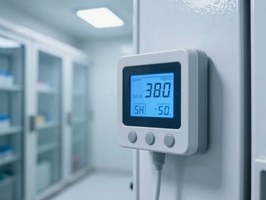 Digital thermostat readout showing sub-zero temperatures inside a clean cold storage warehouse, crisp utility lighting, cool blue tones