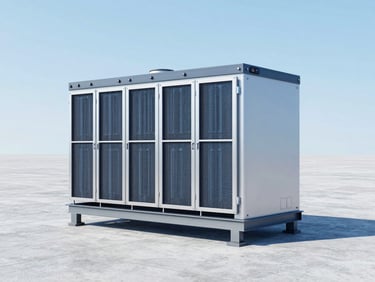 A pristine commercial refrigeration condenser unit installed on a clean concrete pad, bright daylight, metallic details, 35mm