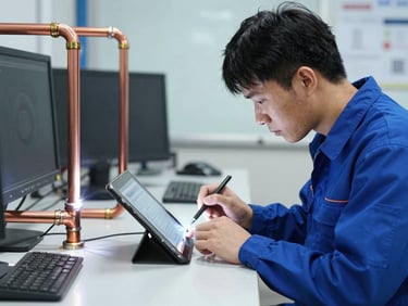A technician analyzing system schematics on a tablet next to copper piping welds, high-contrast utility lighting, professional workspace