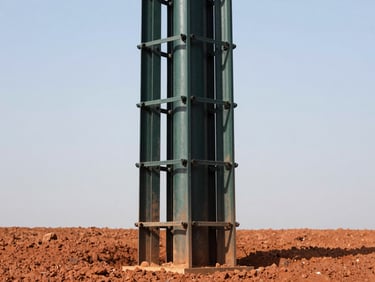 Low-angle shot of a reinforced RCC pole standing tall in red soil, with fencing wires attached, emphasizing strength and foundation under direct sunlight.