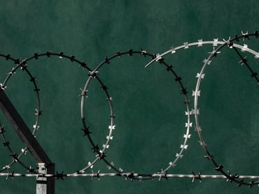 Close-up of multiple strands of barbed wire tightly stretched between posts, sharp barbs in focus, under high-contrast lighting.